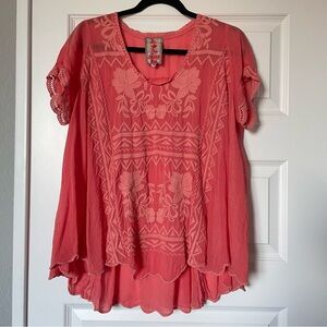 Johnny Was Coral Embroidered Boho Blouse